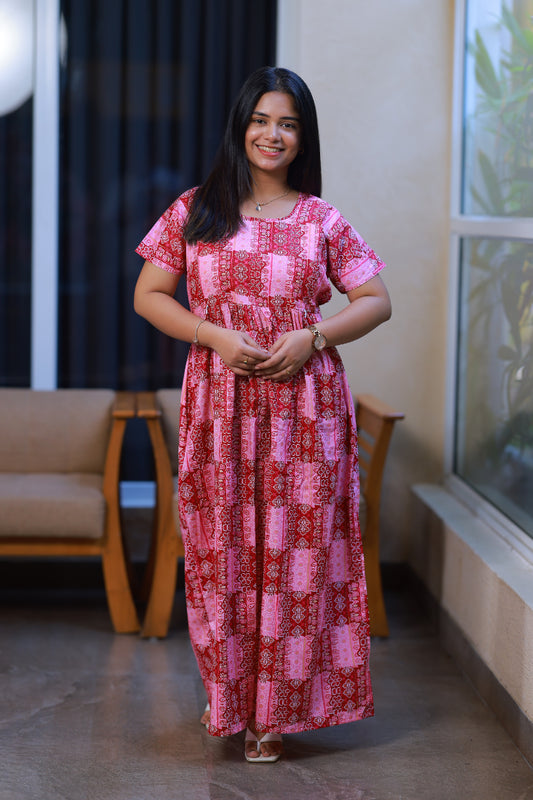 Dark Pink With Light Pink Checked design with side zip Frock