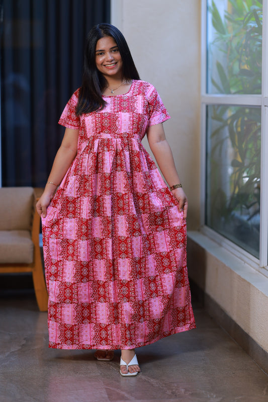Dark Pink With Light Pink Checked design with side zip Frock