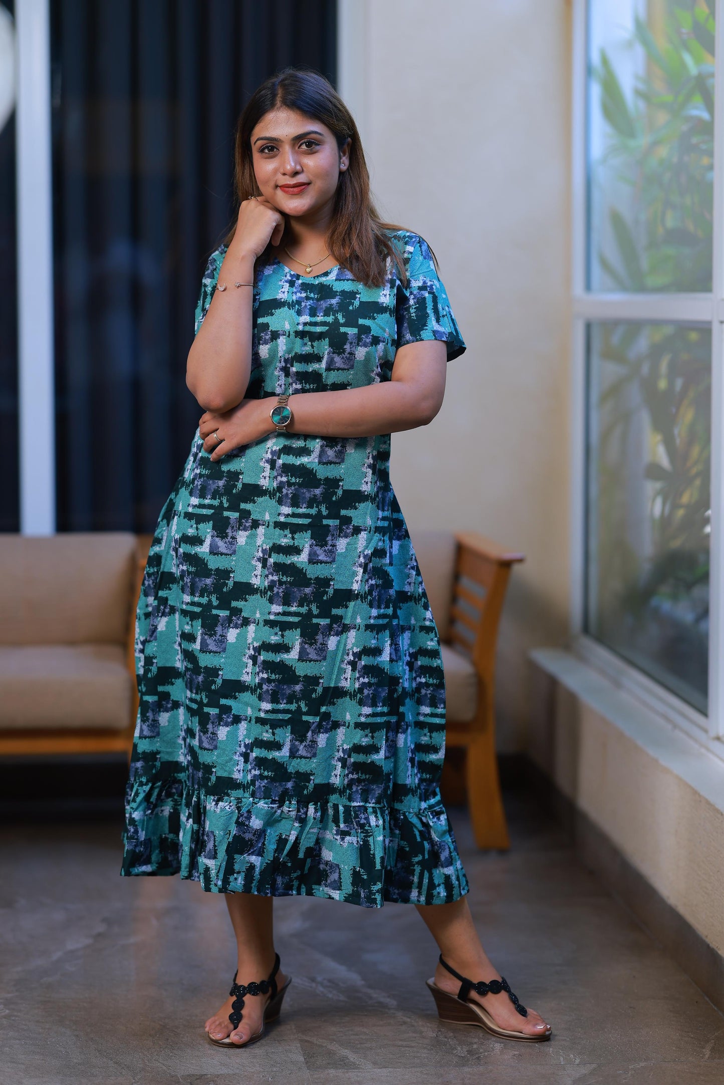 Green With Dark Green Midi gown Nighty