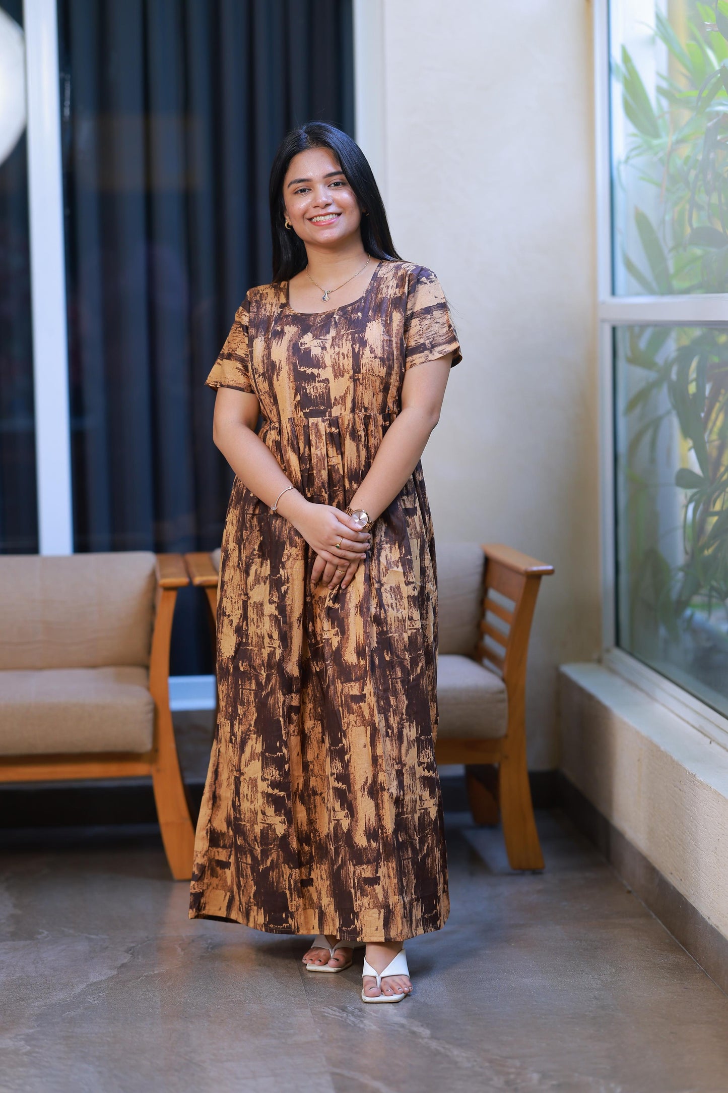 Dark Brown With Gold Colour Floral design with side zip  Frock