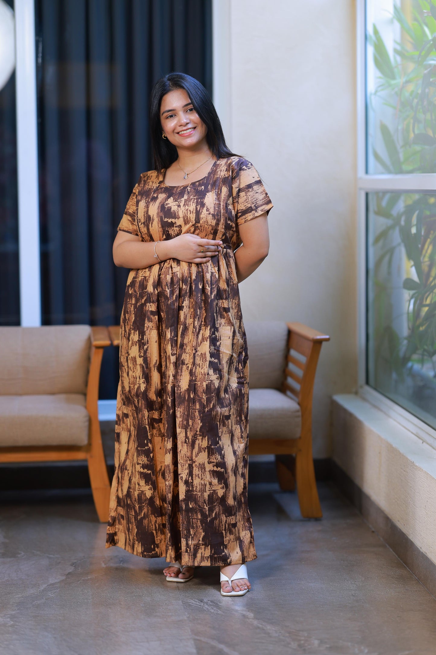 Dark Brown With Gold Colour Floral design with side zip  Frock