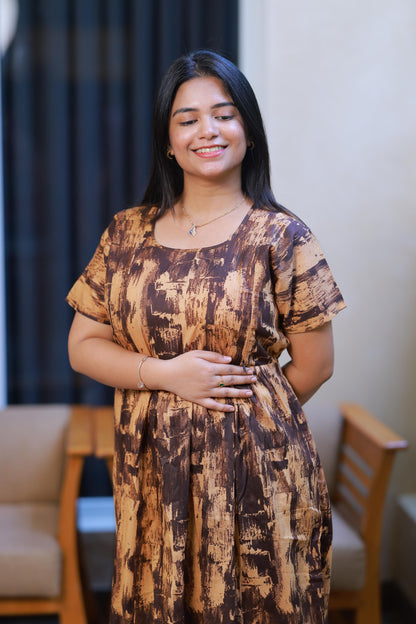Dark Brown With Gold Colour Floral design with side zip  Frock