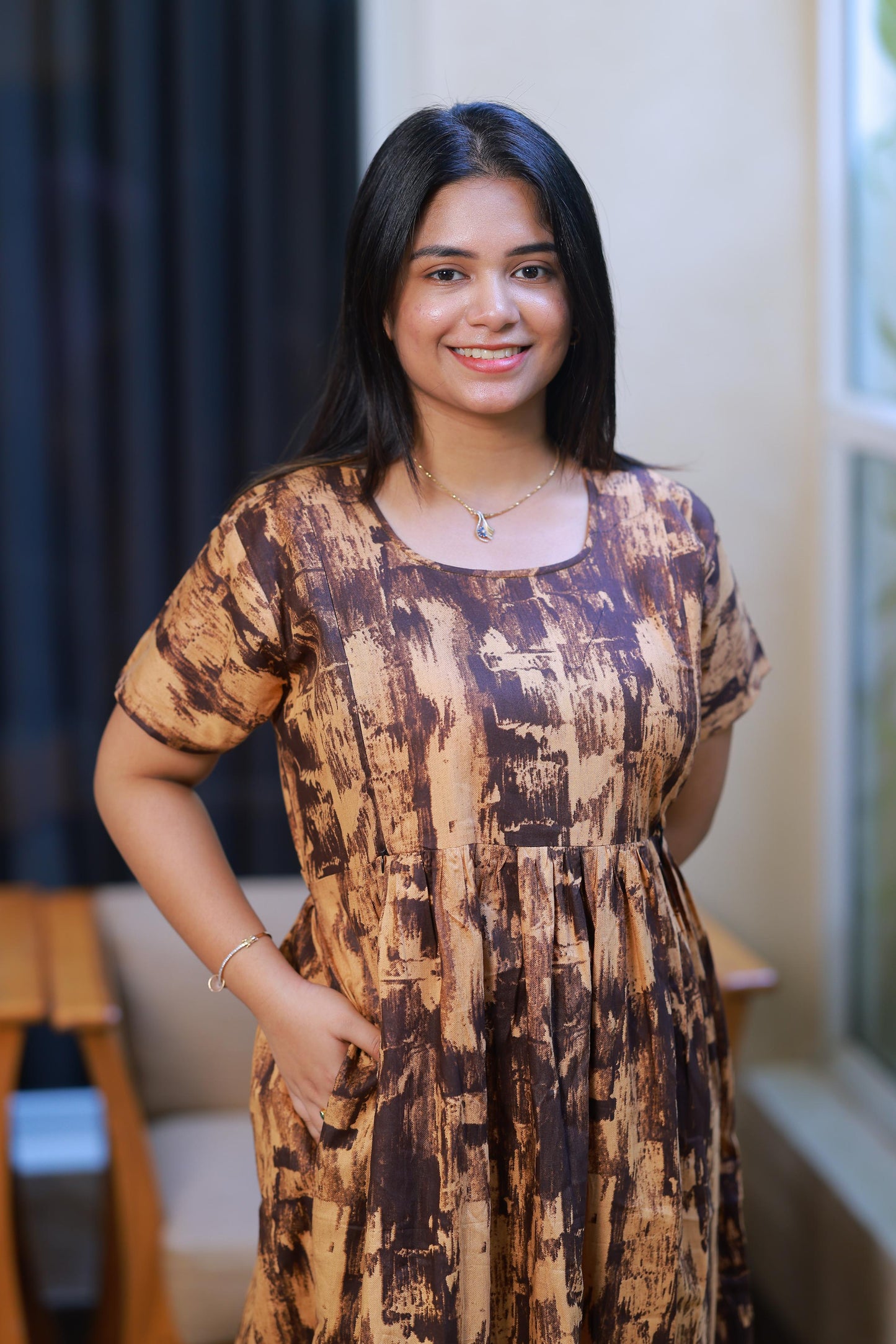 Dark Brown With Gold Colour Floral design with side zip  Frock