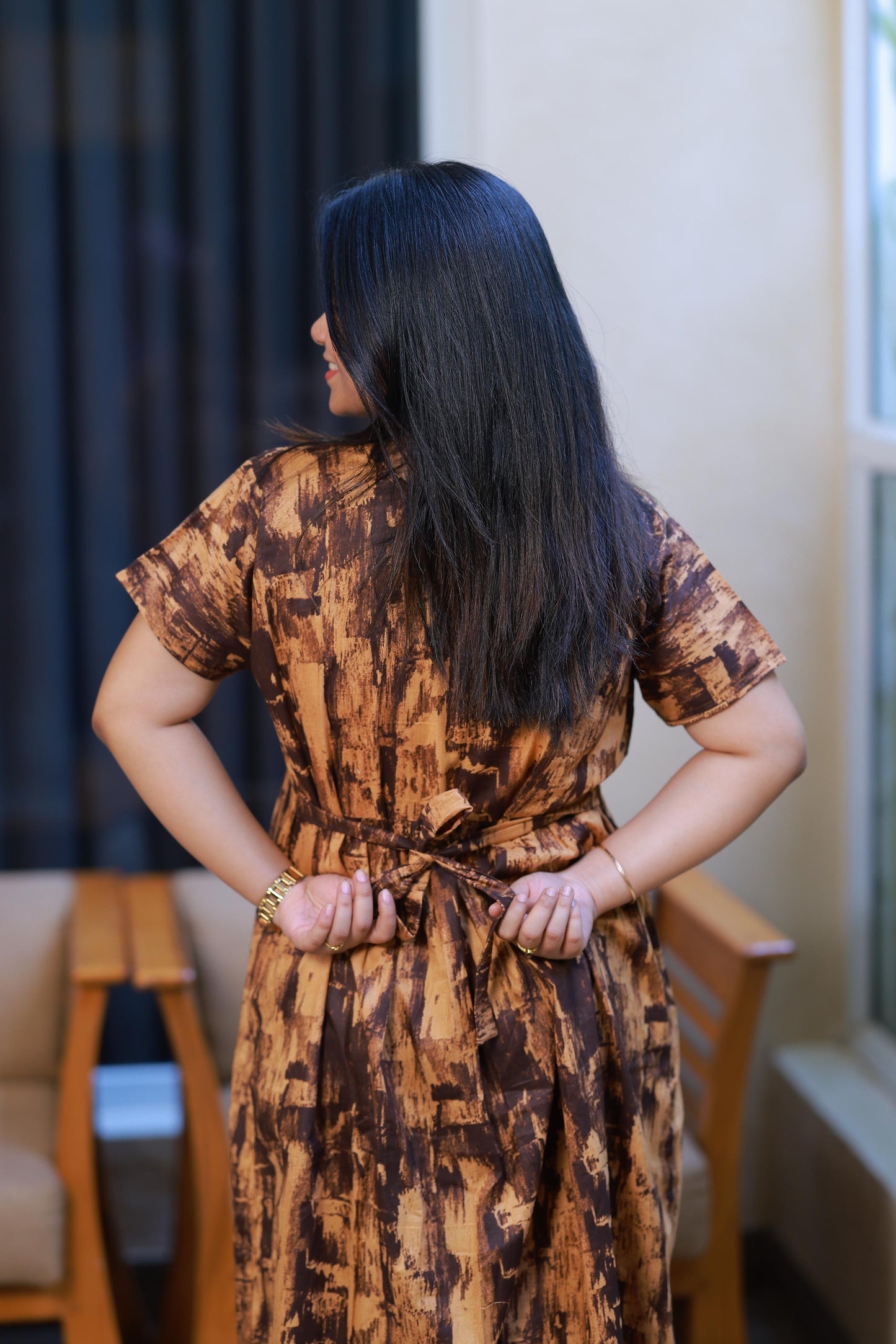 Dark Brown With Gold Colour Floral design with side zip  Frock