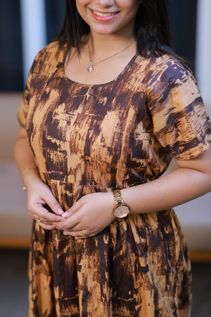 Dark Brown With Gold Colour Floral design with side zip  Frock