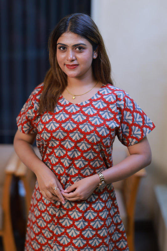 Meroon With Sandal&Green Colour Midi gown Nighty