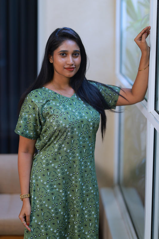 Green With White Floral Design Midi gown Nighty