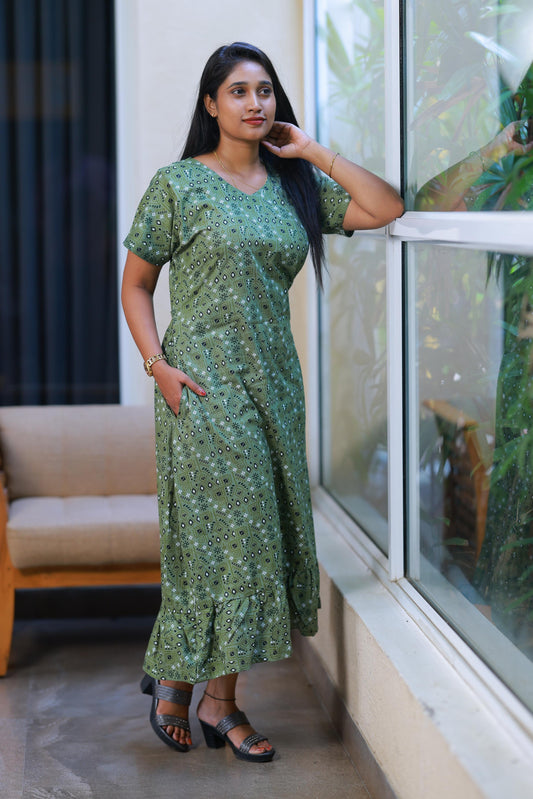 Green With White Floral Design Midi gown Nighty