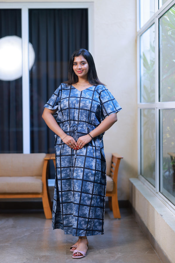 Dark Gray With Black Checked  cotton kaftan with feeding side zip