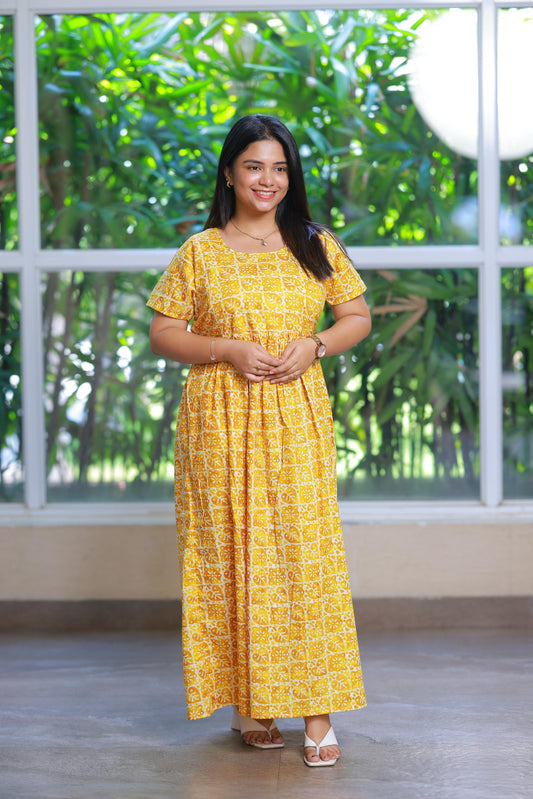 Yellow With White And Leaf design with side zip Frock
