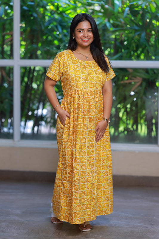 Yellow With White And Leaf design with side zip Frock