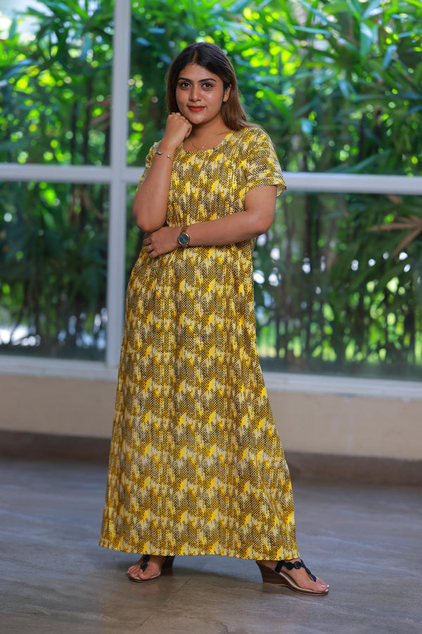 Yellow With Brown Design Vertical Side Zip Feeding Nighty