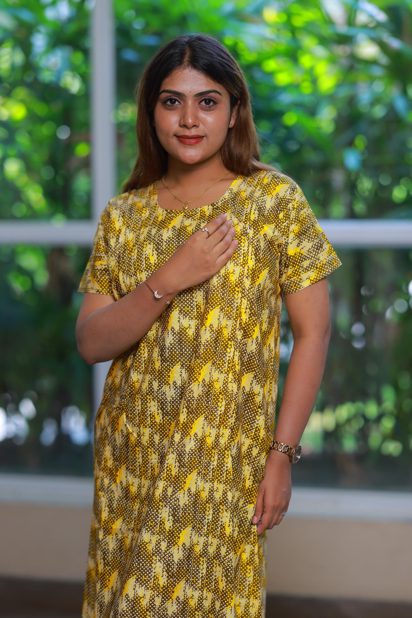 Yellow With Brown Design Vertical Side Zip Feeding Nighty