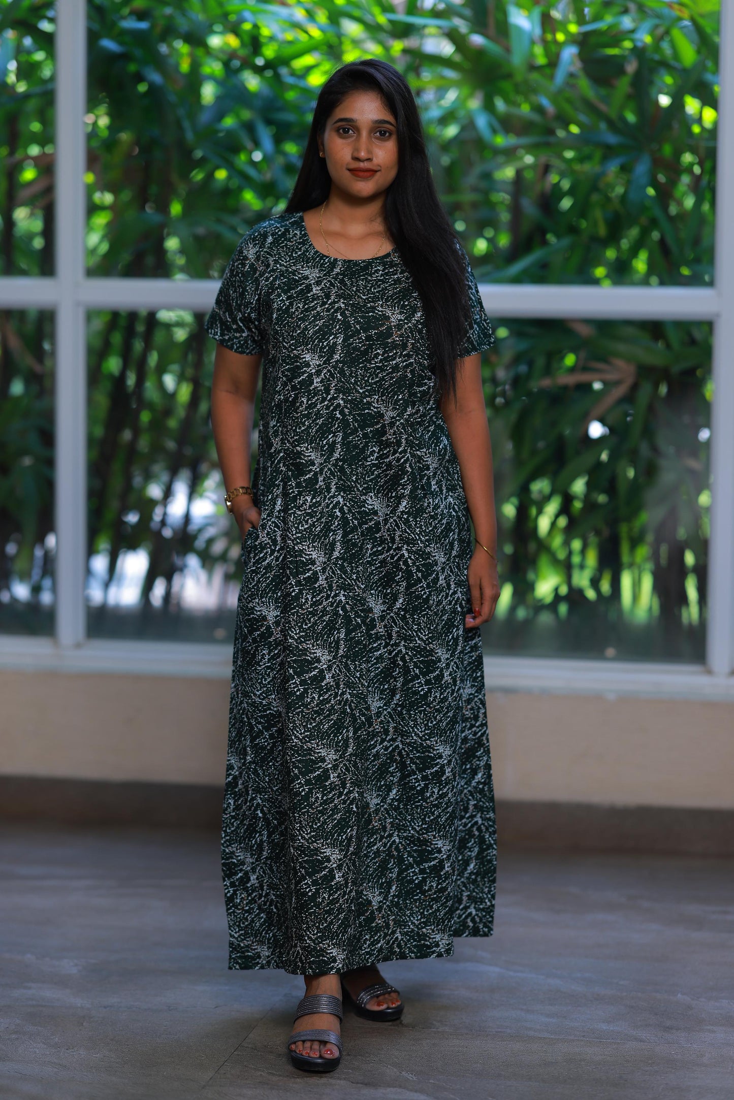 Bottle Green With White Design Vertical Side Zip Feeding Nighty