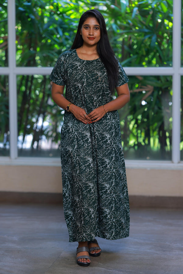 Bottle Green With White Design Vertical Side Zip Feeding Nighty