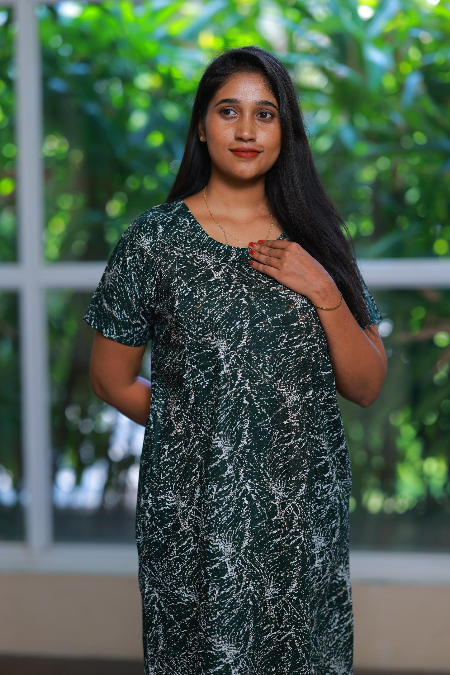 Bottle Green With White Design Vertical Side Zip Feeding Nighty