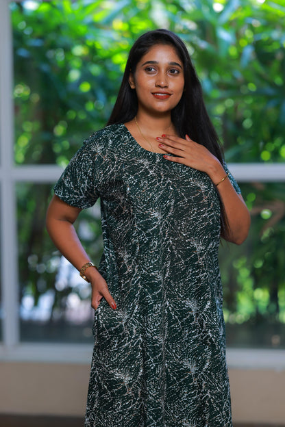 Bottle Green With White Design Vertical Side Zip Feeding Nighty