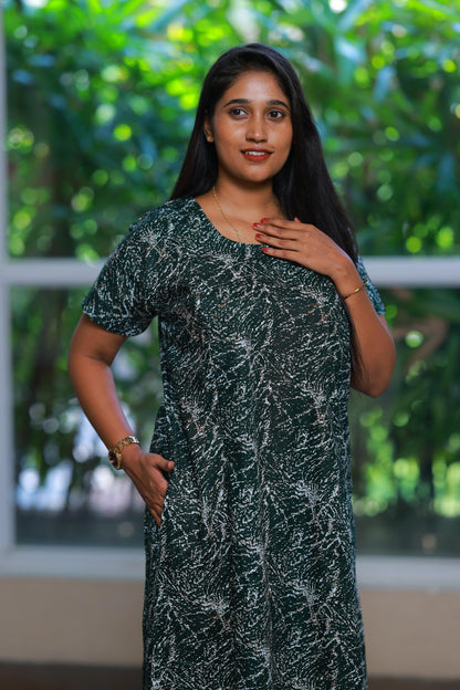 Bottle Green With White Design Vertical Side Zip Feeding Nighty