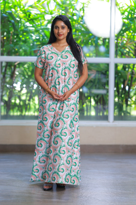 Peach With Green Design Invisible Zip Nighty