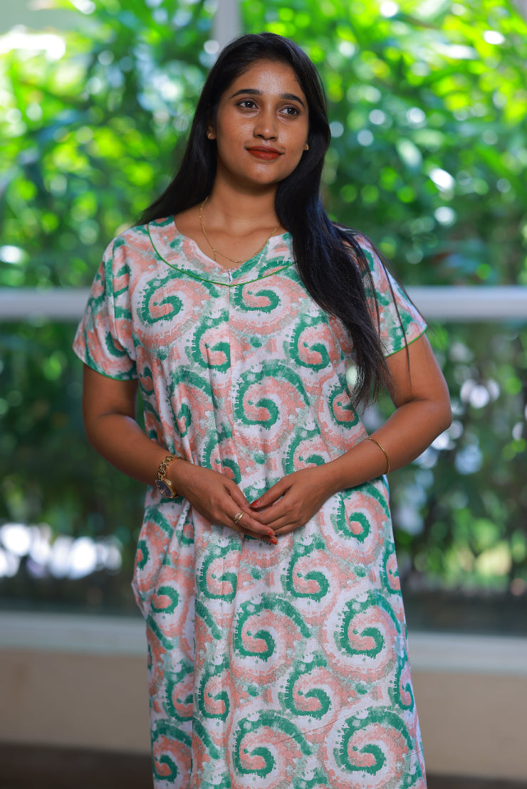 Peach With Green Design Invisible Zip Nighty