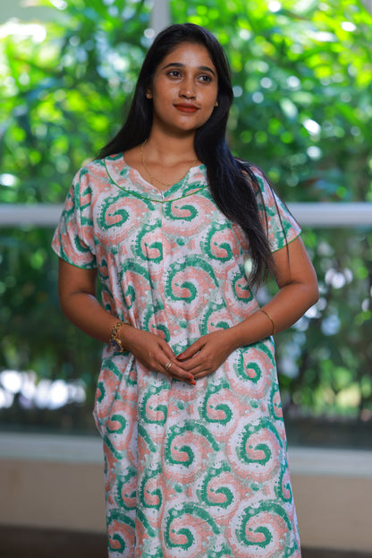 Peach With Green Design Invisible Zip Nighty