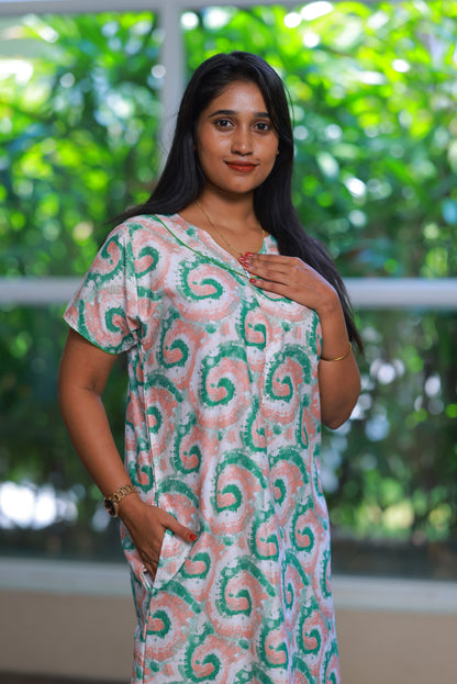 Peach With Green Design Invisible Zip Nighty