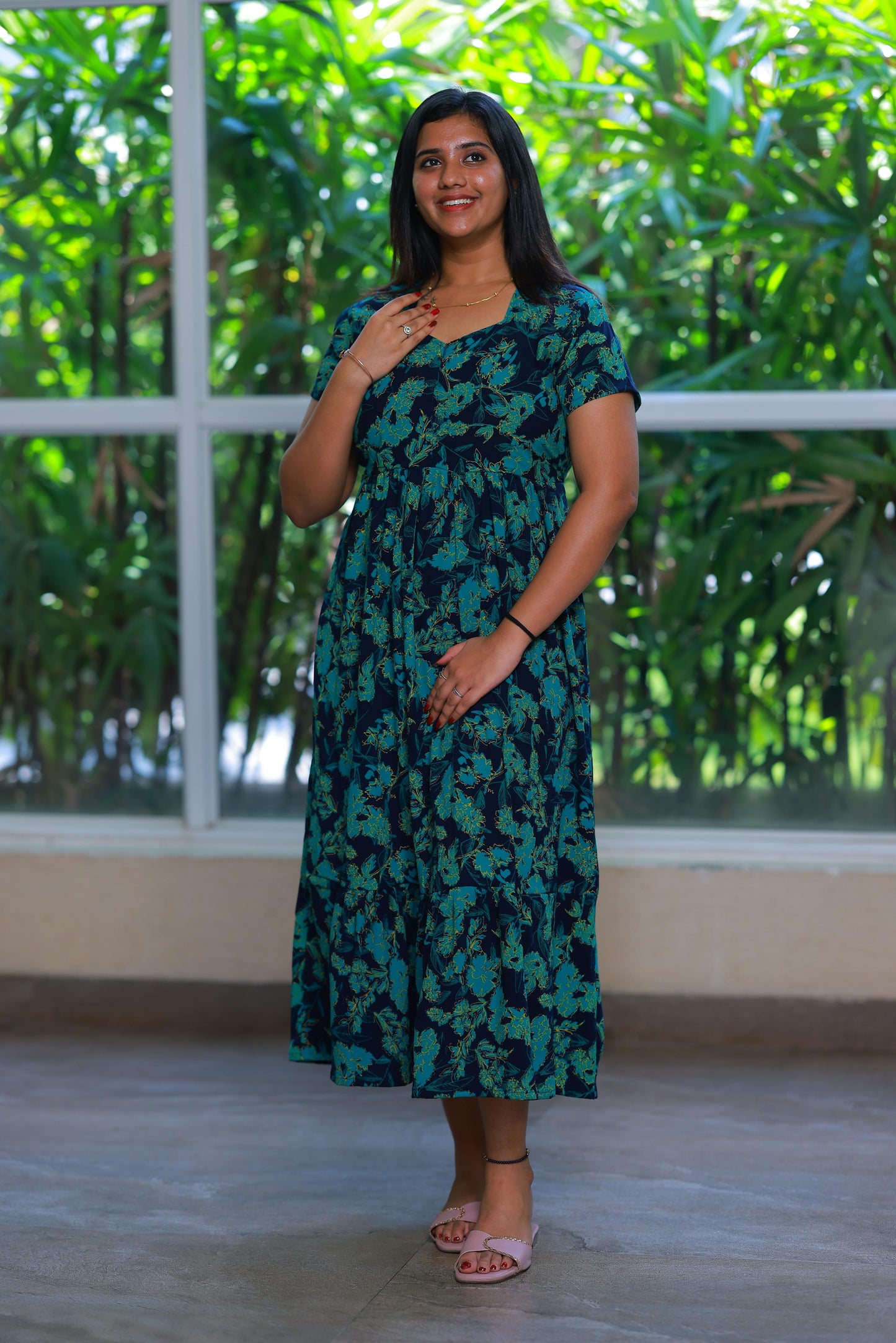 Drak Navy with Green Crush type center zip Frock - AHA Nightwears