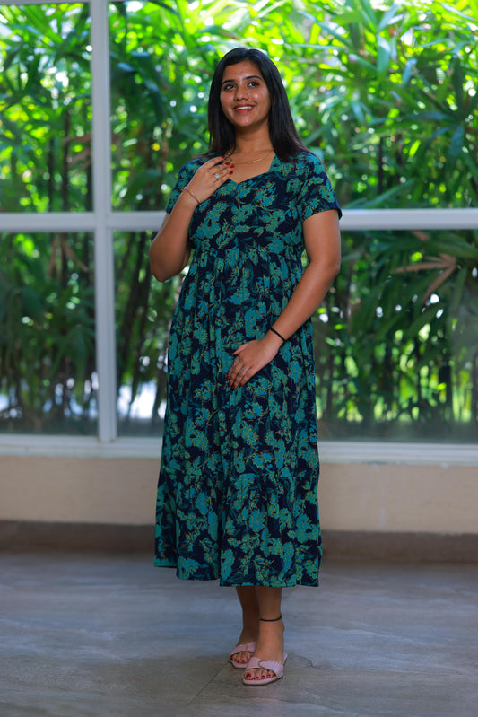 Drak Navy with Green Crush type center zip Frock - AHA Nightwears