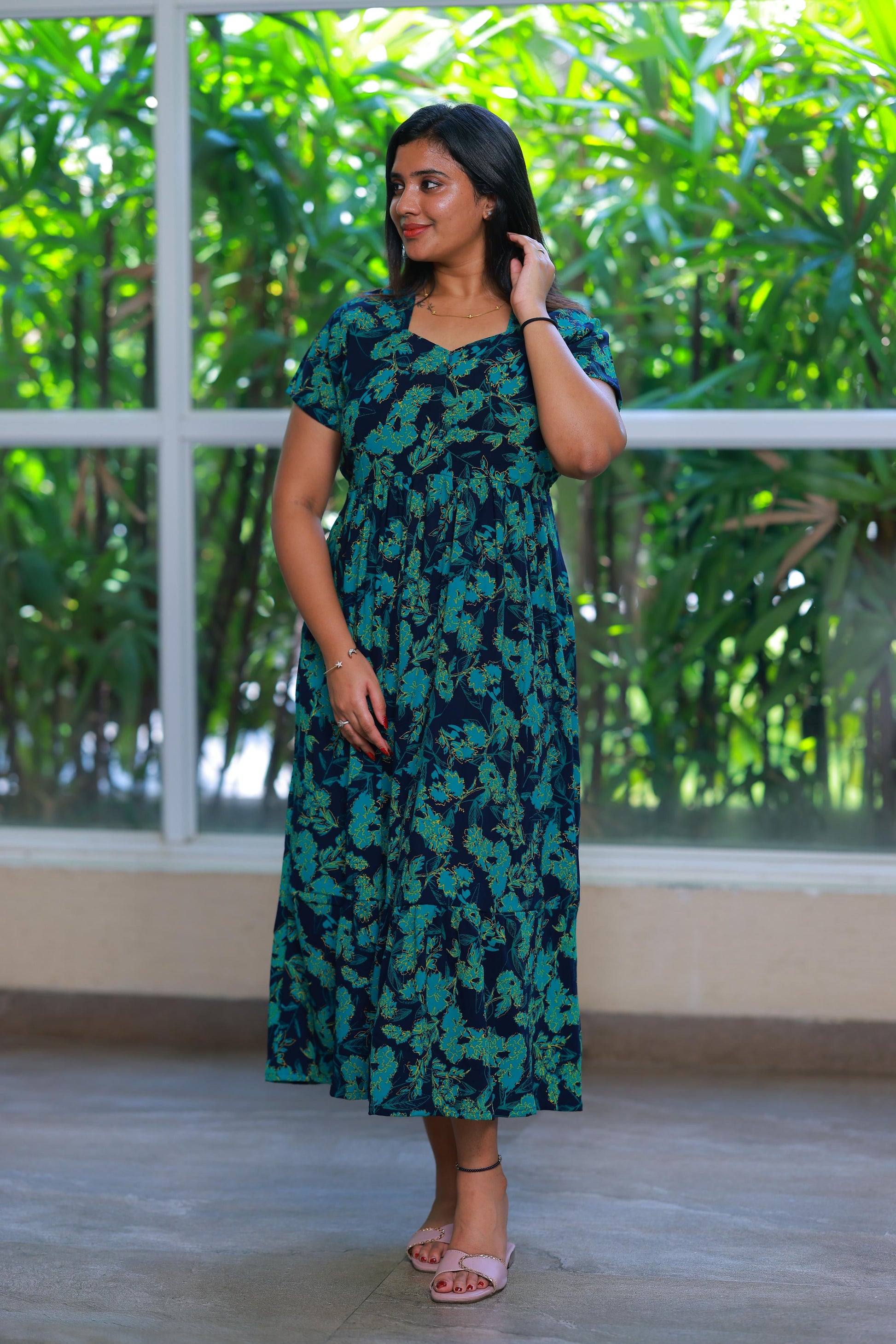 Drak Navy with Green Crush type center zip Frock - AHA Nightwears
