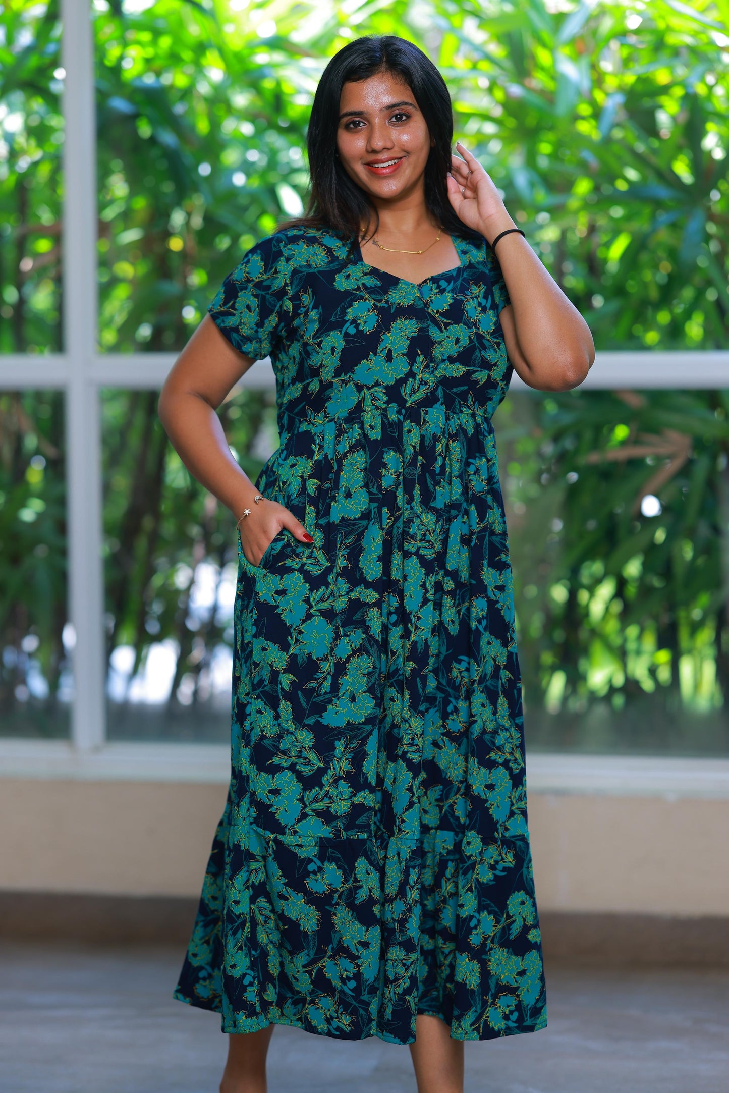Drak Navy with Green Crush type center zip Frock - AHA Nightwears