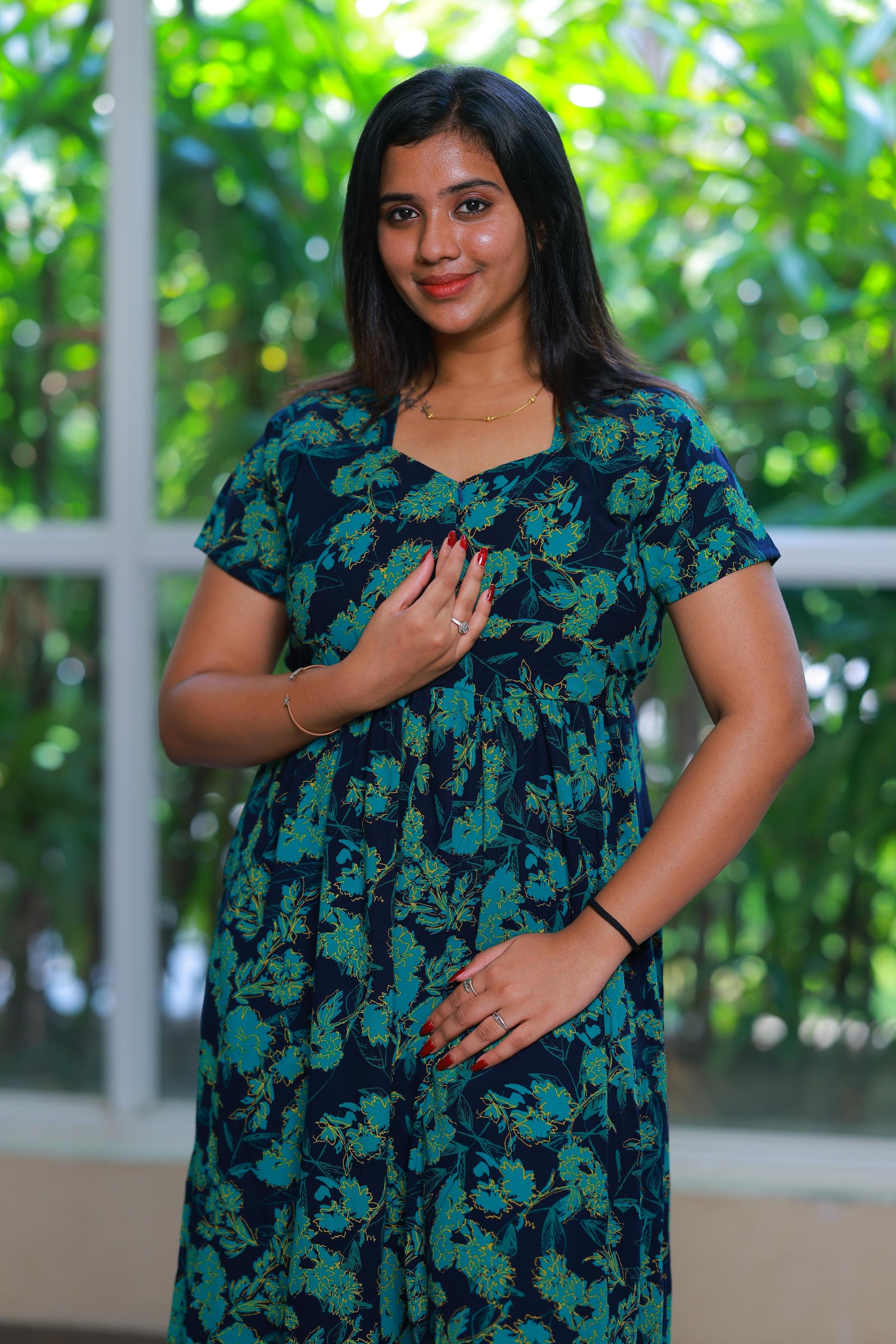Drak Navy with Green Crush type center zip Frock - AHA Nightwears
