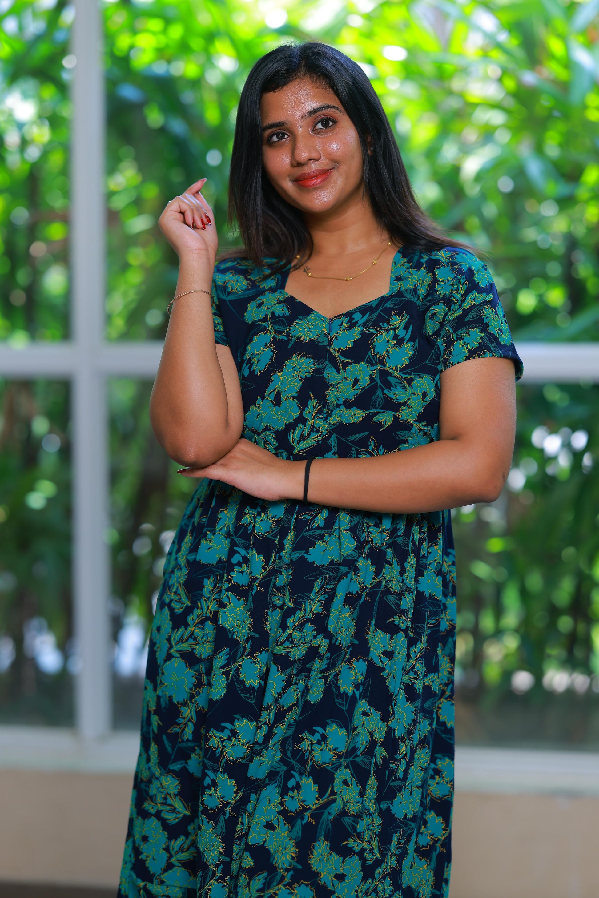 Drak Navy with Green Crush type center zip Frock - AHA Nightwears