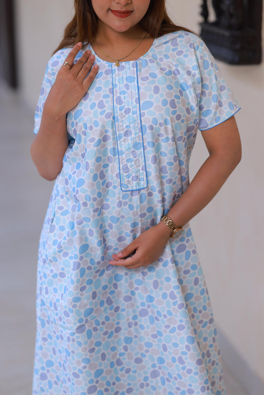White With Sky Blue Floral Design Without Zip Premium Nighty