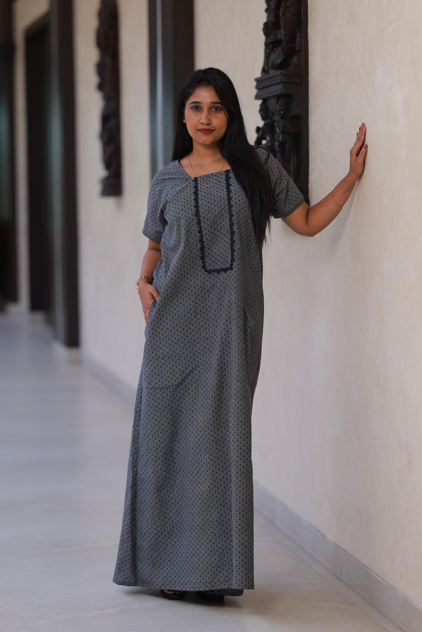 Denim Black With Floral Design Without Zip Nighty