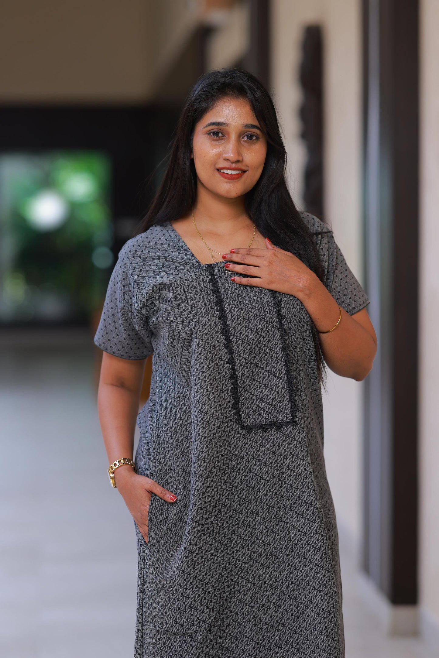 Denim Black With Floral Design Without Zip Nighty