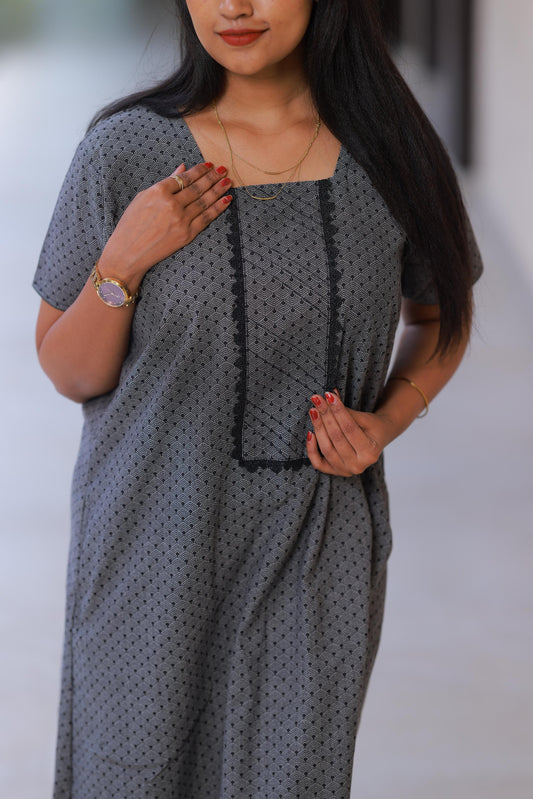 Denim Black With Floral Design Without Zip Nighty