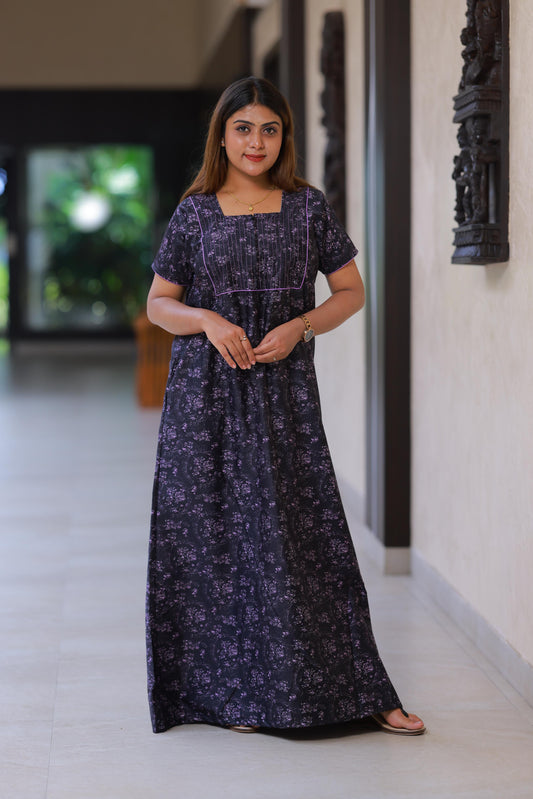 Latest Premium Purple With Black Design Piping Zip Nighty