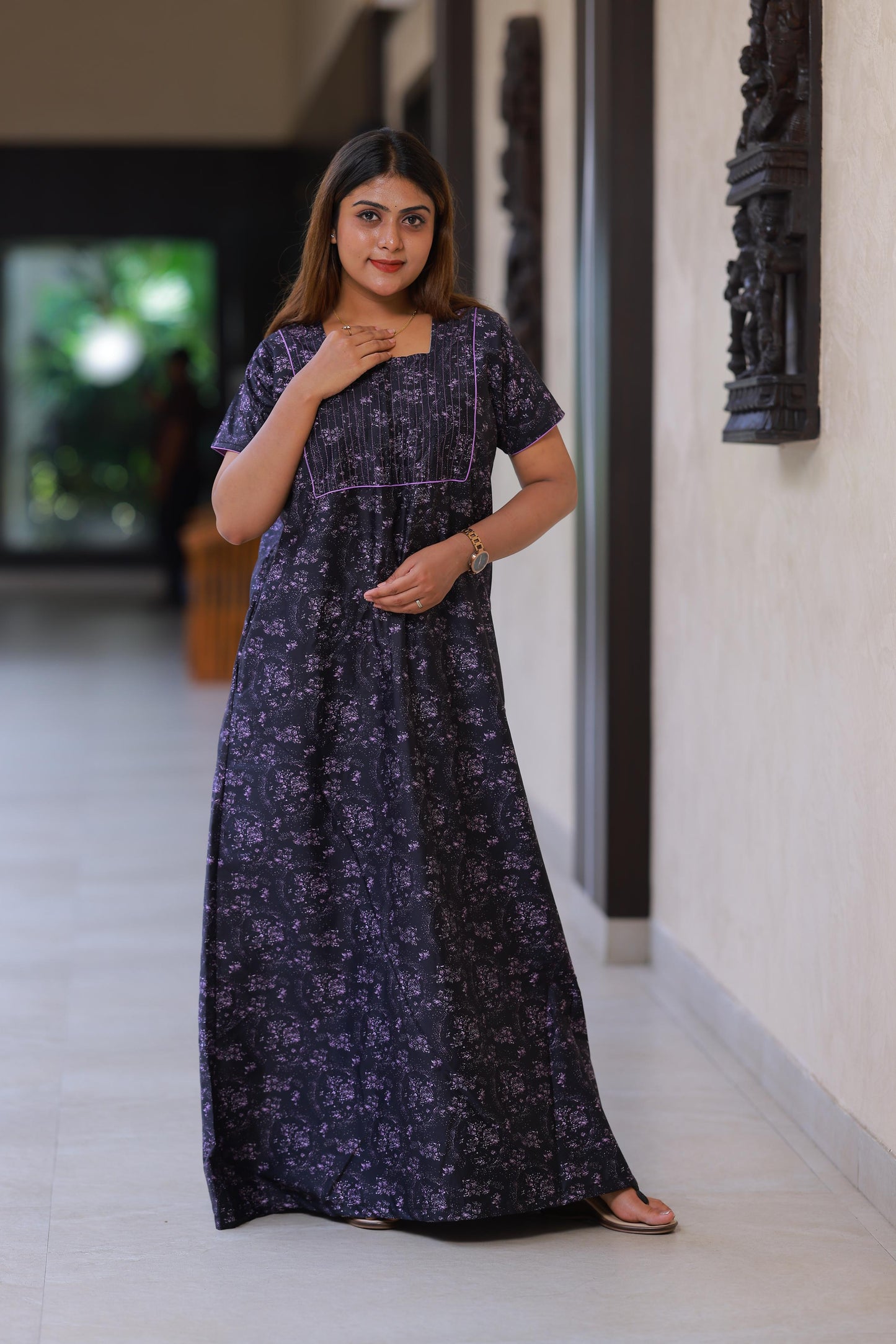 Latest Premium Purple With Black Design Piping Zip Nighty