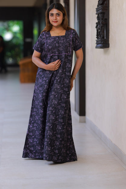 Latest Premium Purple With Black Design Piping Zip Nighty