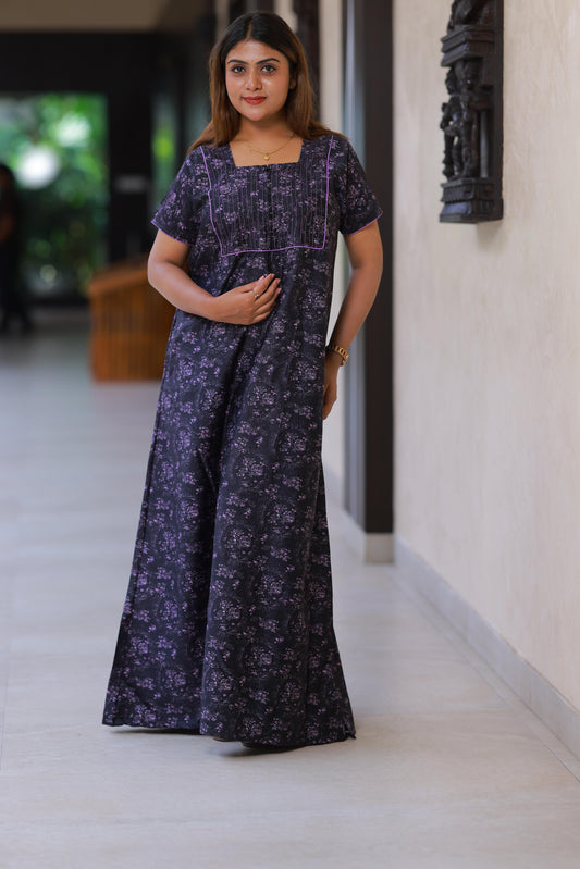 Latest Premium Purple With Black Design Piping Zip Nighty