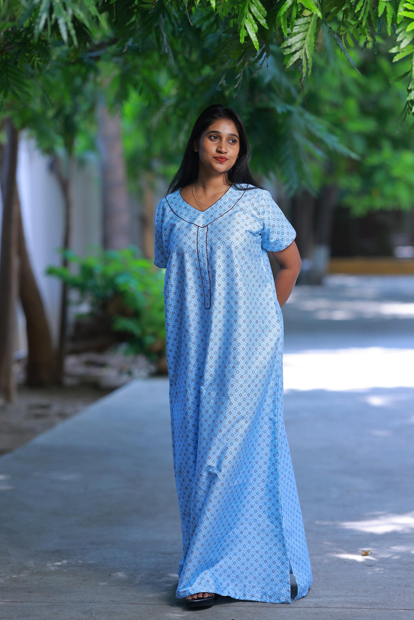 Light Sky Blue With Brown Floral Design Without Zip Premium Nighty