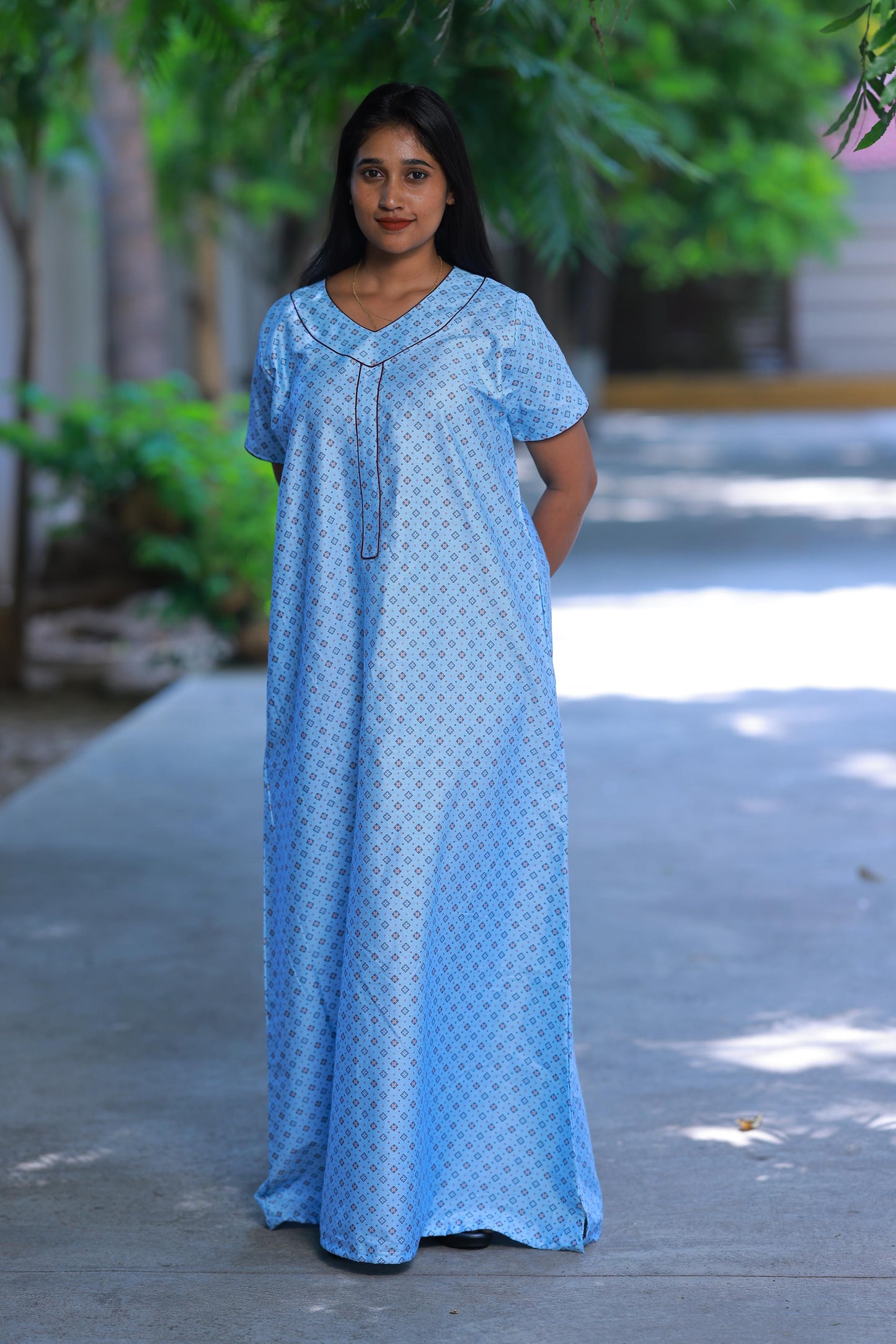 Light Sky Blue With Brown Floral Design Without Zip Premium Nighty