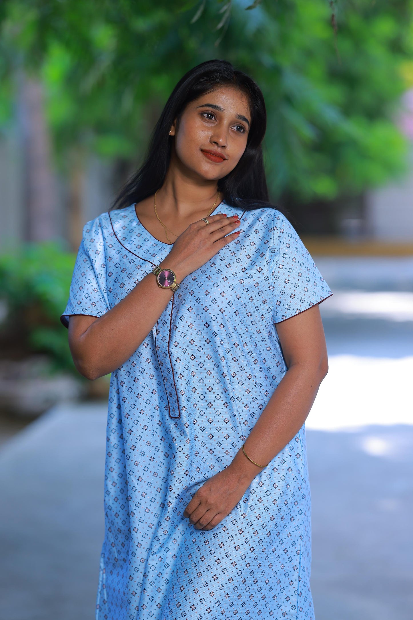 Light Sky Blue With Brown Floral Design Without Zip Premium Nighty