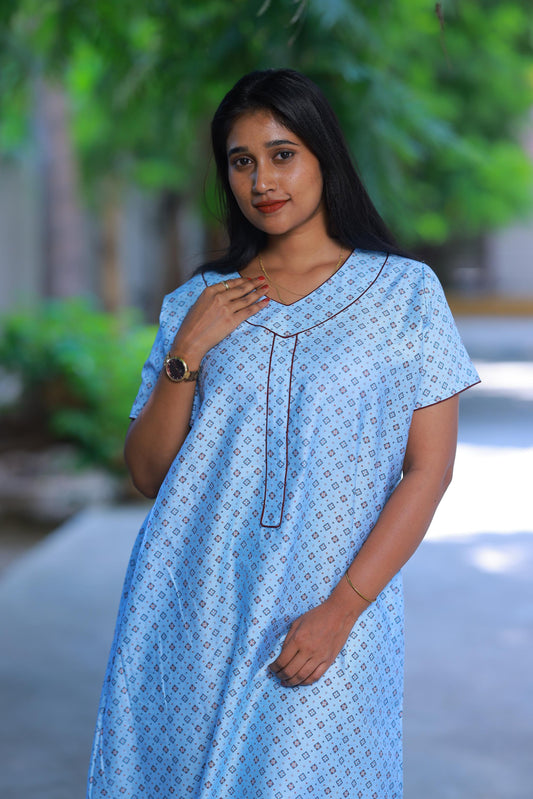 Light Sky Blue With Brown Floral Design Without Zip Premium Nighty