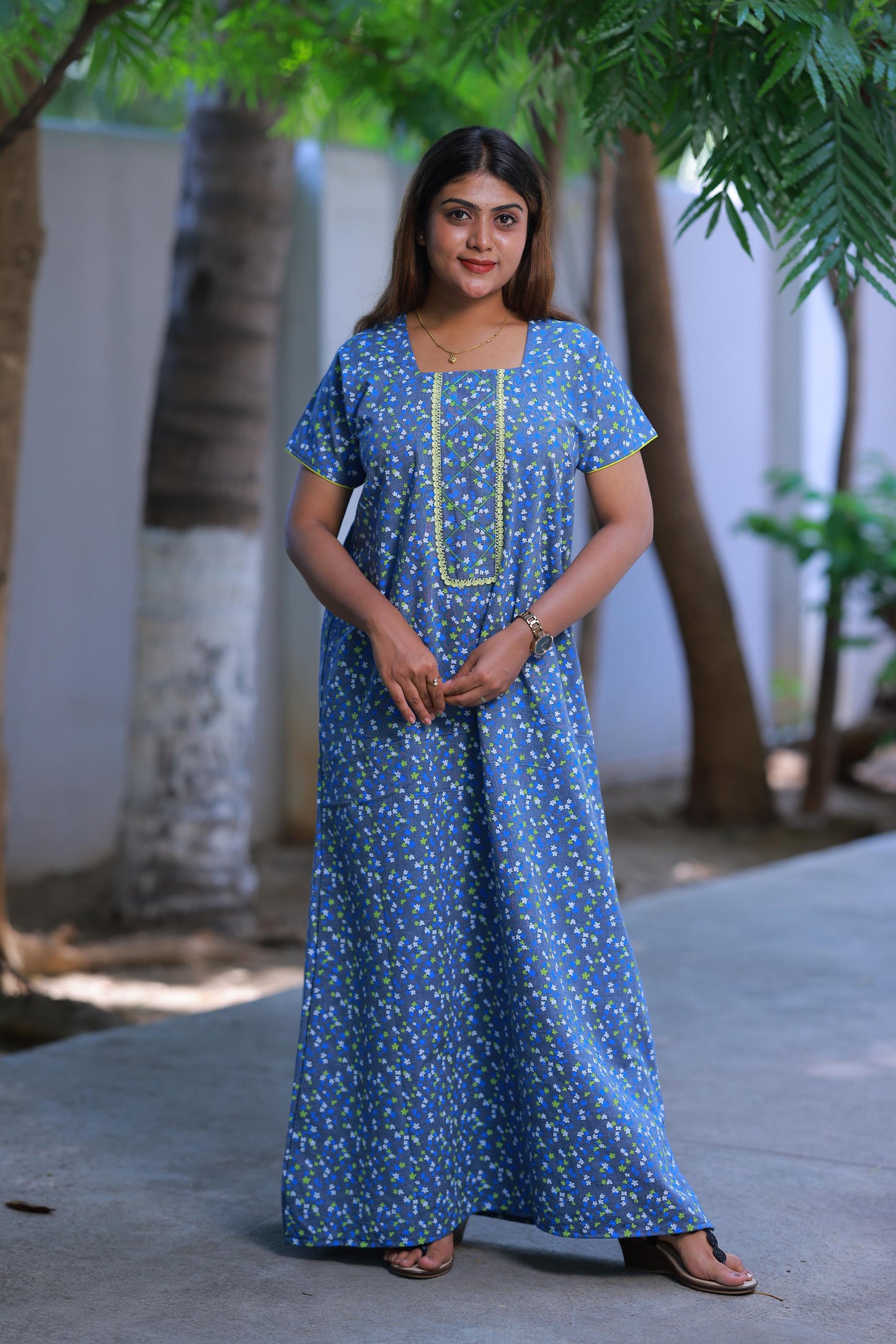Denim With Flower Design Without Zip Nighty
