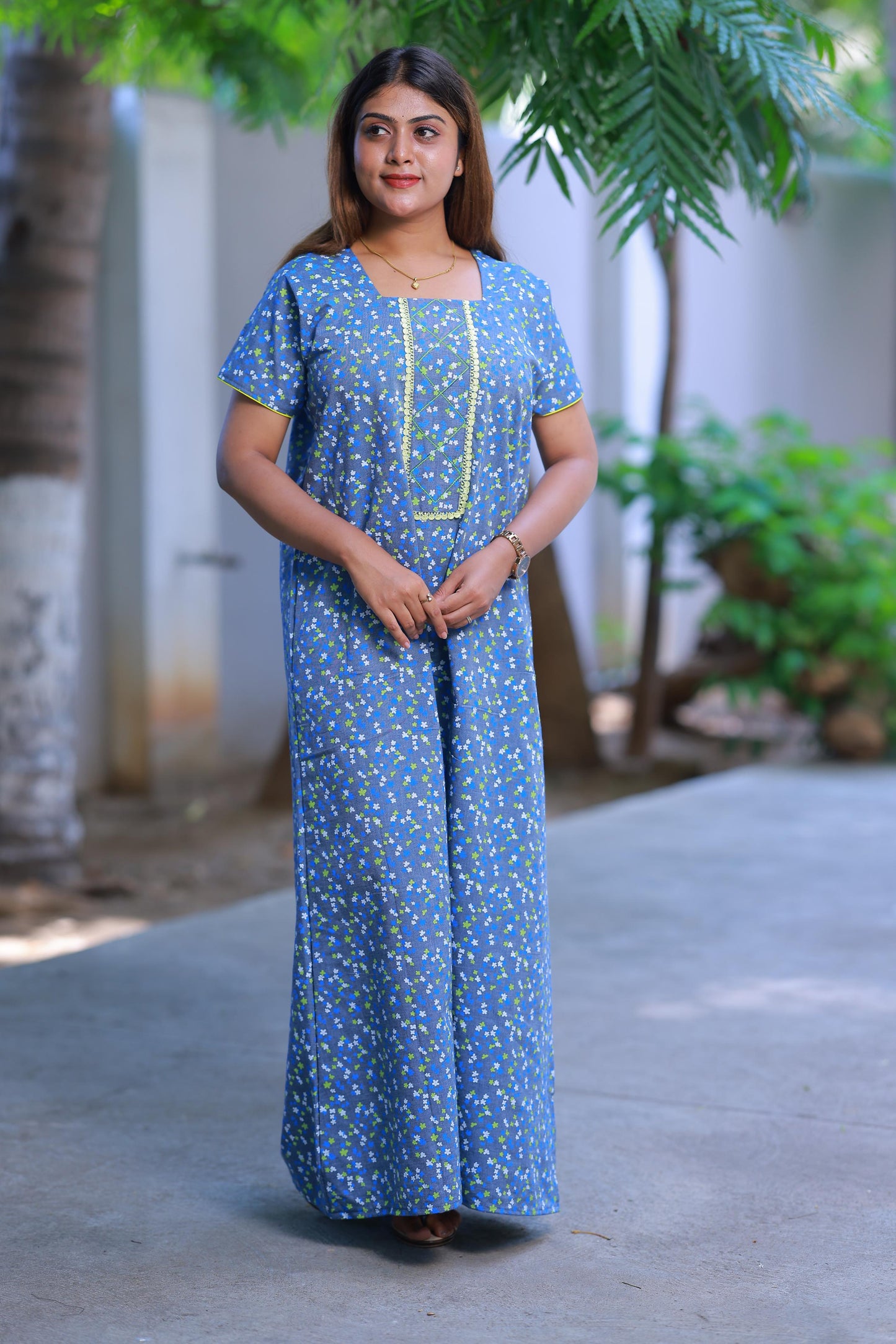 Denim With Flower Design Without Zip Nighty
