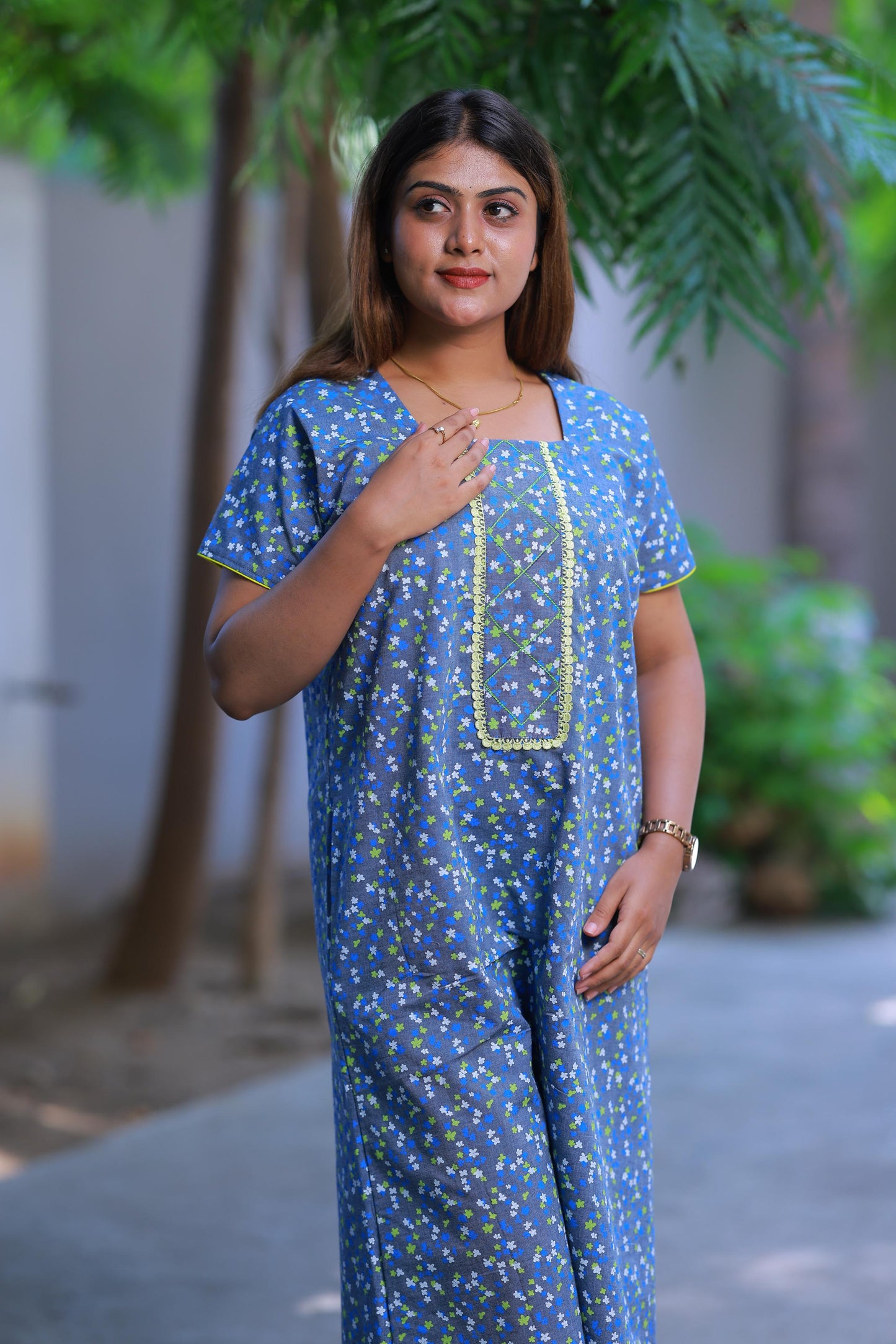 Denim With Flower Design Without Zip Nighty