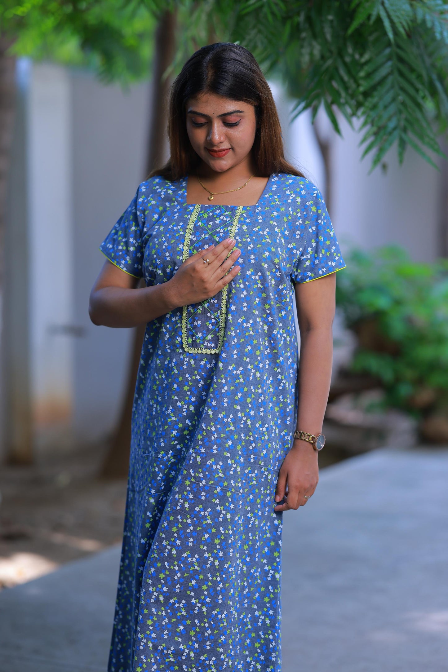 Denim With Flower Design Without Zip Nighty