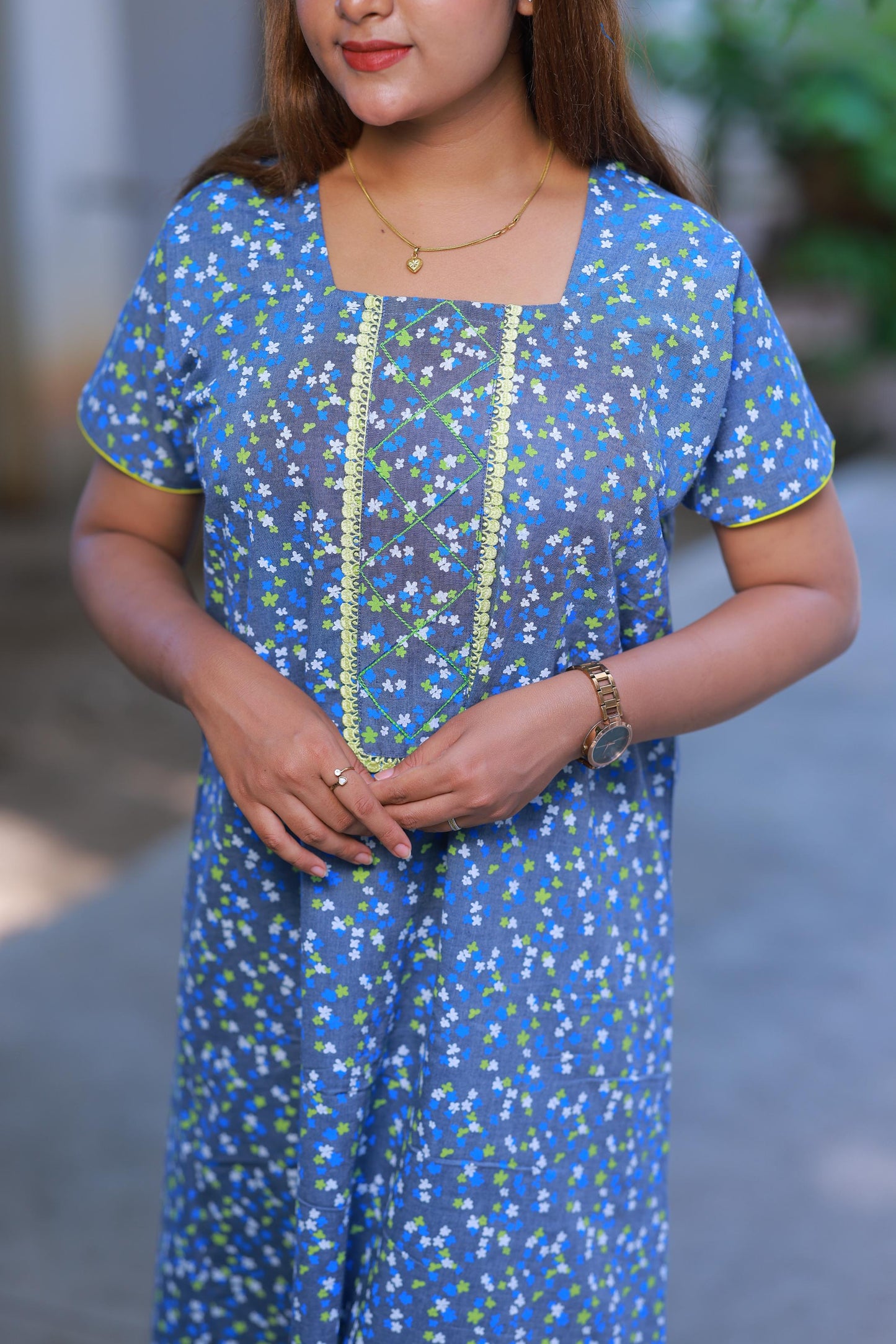 Denim With Flower Design Without Zip Nighty