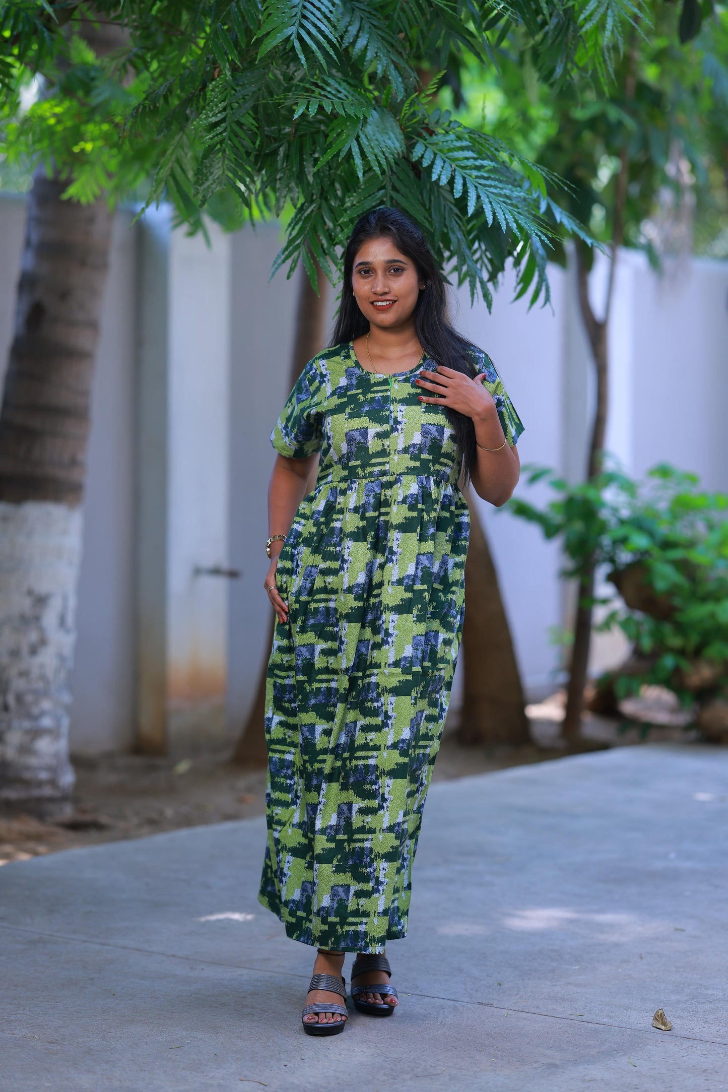 Green with Grey Digital Design With center zip Frock